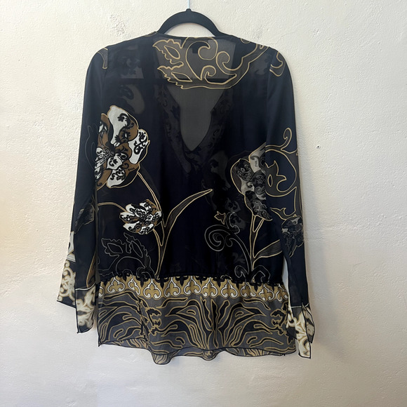 HALE BOB Silk Blouse Sheer Black Abstract Foral Long Sleeve V Neck Jeweled Small - Picture 4 of 9